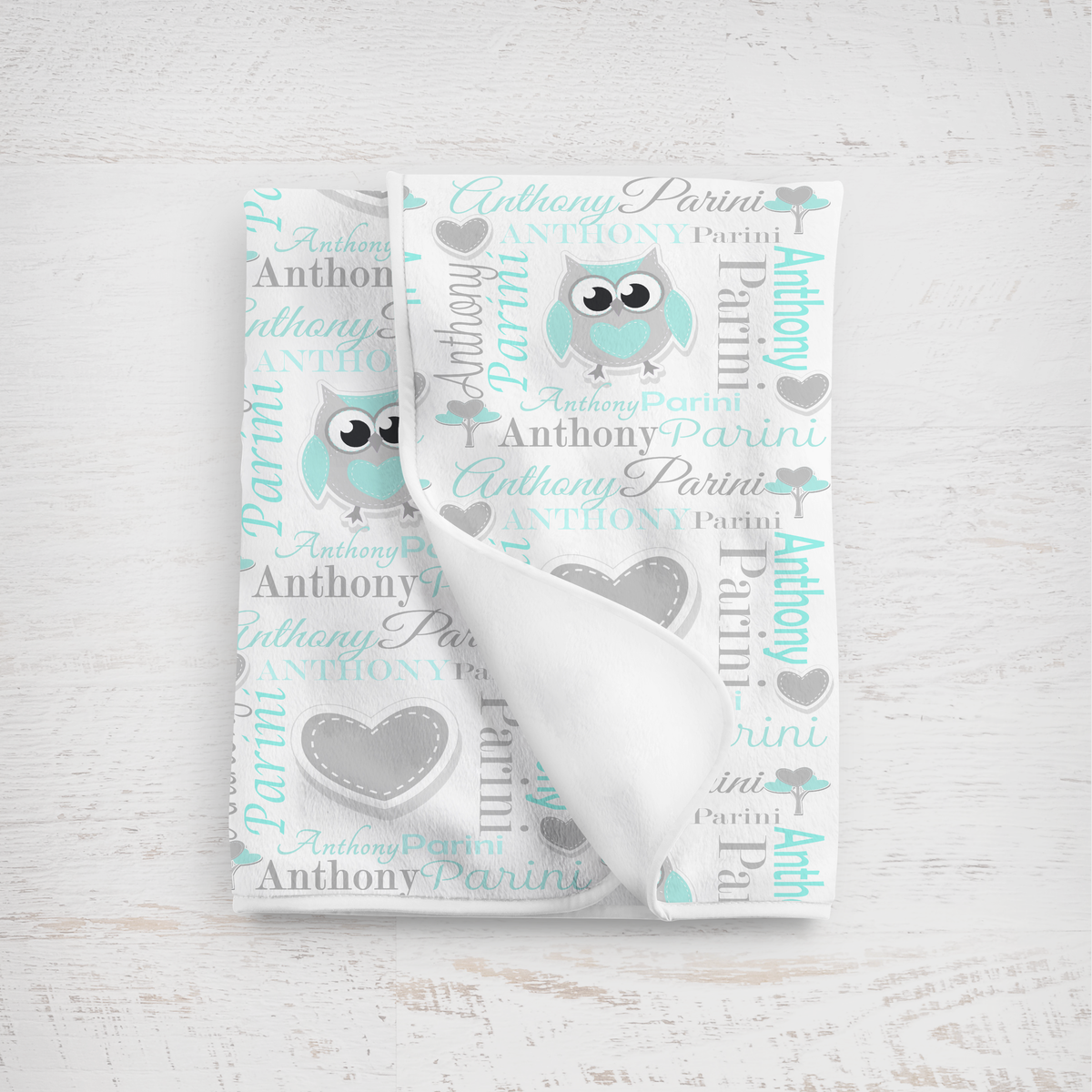 Personalized Baby Boy Blanket – Sweet Owl & Heart Name Design, Aqua/Gray
