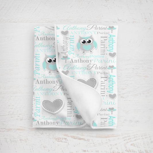 Personalized Baby Boy Blanket – Sweet Owl & Heart Name Design, Aqua/Gray