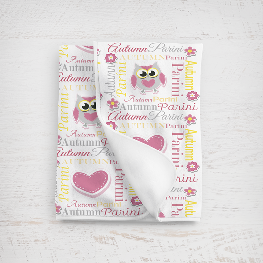 Personalized Baby Girl Blanket – Sweet Owl & Heart Name Design, Rosy Pink/Yellow