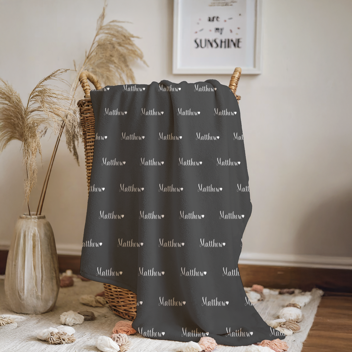 Newborn Name Blanket, Sweet Heart Baby Boy, Charcoal Gray/White