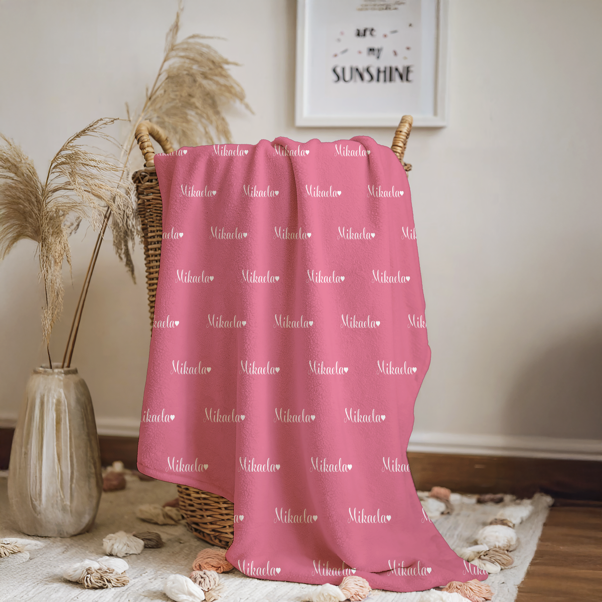 Newborn Name Blanket, Sweet Heart Baby Girl, Soft Rose/White
