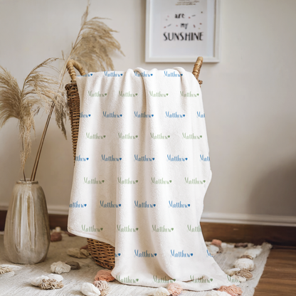 Newborn Name Blanket, Sweet Heart Baby Boy, White/Cool Blue/Sage