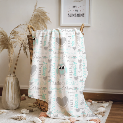 Personalized Baby Boy Blanket – Sweet Owl & Heart Name Design, Aqua/Gray