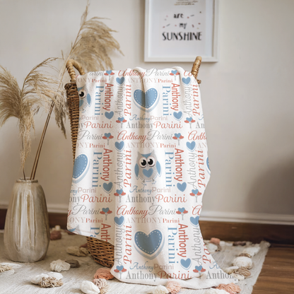 Personalized Baby Boy Blanket – Sweet Owl & Heart Name Design, Light Rust/Steel Blue