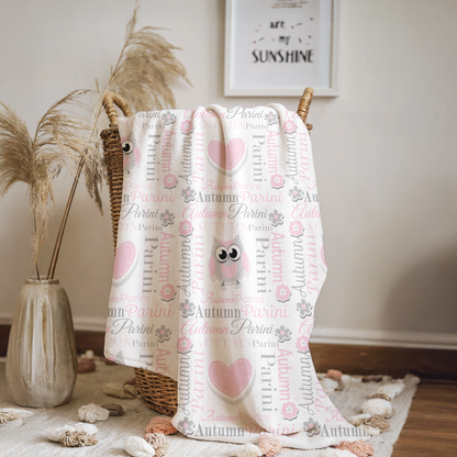 Personalized Baby Girl Blanket – Sweet Owl & Heart Name Design, Pink/Gray