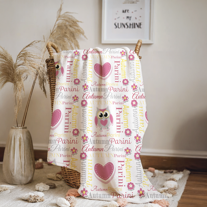 Personalized Baby Girl Blanket – Sweet Owl & Heart Name Design, Rosy Pink/Yellow