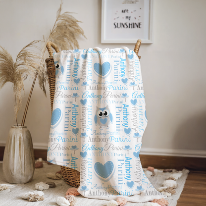 Personalized Baby Boy Blanket – Sweet Owl & Heart Name Design, Sky Blues
