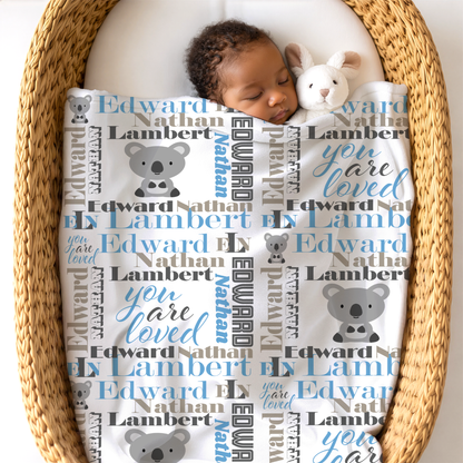 Personalized Baby Boy Blanket – Velveteen Plush Koala Design