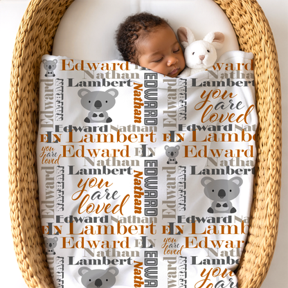 Personalized Baby Boy Blanket – Velveteen Plush Koala Design