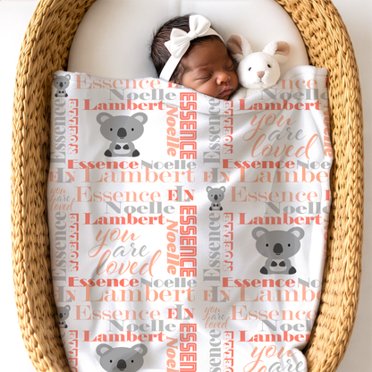Personalized Baby Girl Blanket – Velveteen Plush Koala Design