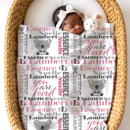 Personalized Baby Girl Blanket – Velveteen Plush Koala Design