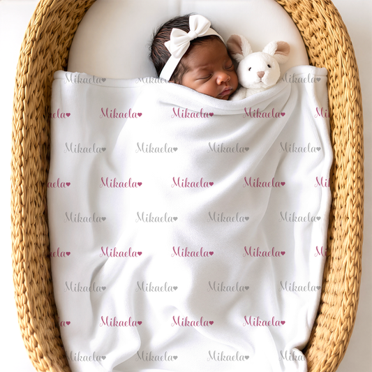 Newborn Name Blanket, Sweet Heart Baby Girl, White/Berry/Soft Gray