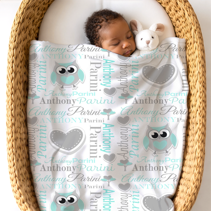 Personalized Baby Boy Blanket – Sweet Owl & Heart Name Design, Aqua/Gray