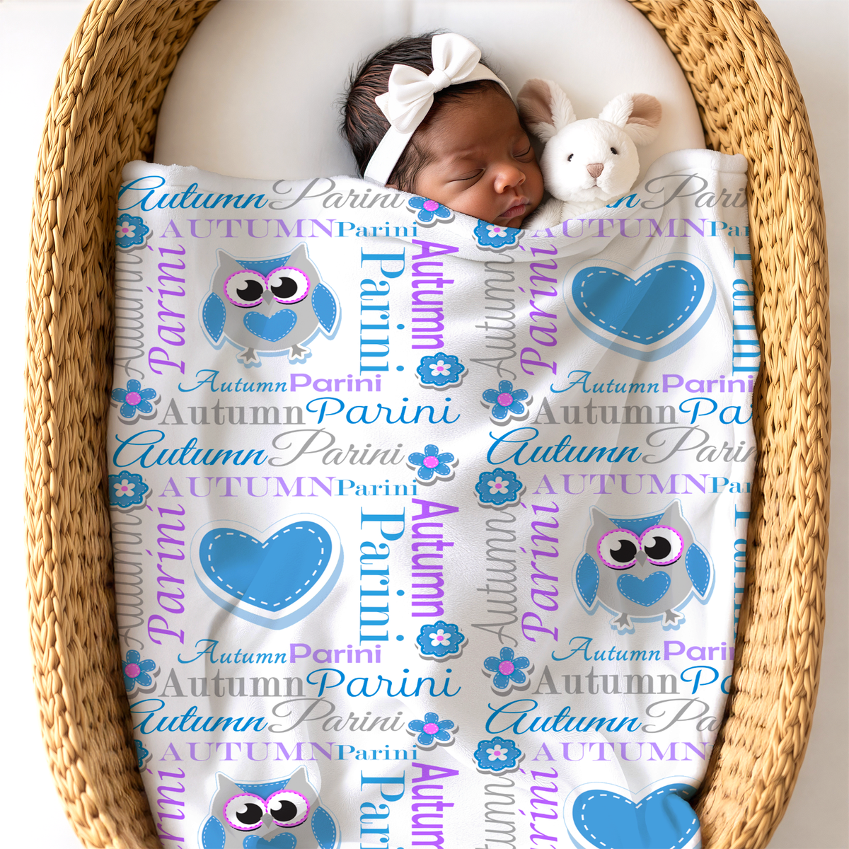 Personalized Baby Girl Blanket – Sweet Owl & Heart Name Design
