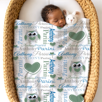 Personalized Baby Boy Blanket – Sweet Owl & Heart Name Design, Aqua/Gray