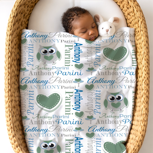 Personalized Baby Boy Blanket – Sweet Owl & Heart Name Design