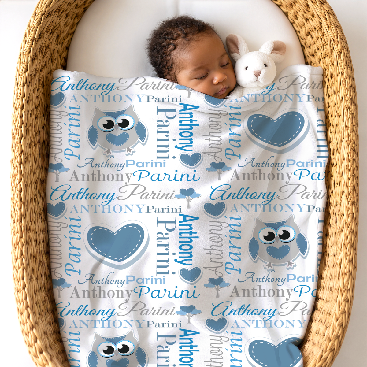 Personalized Baby Boy Blanket – Sweet Owl & Heart Name Design, Aqua/Gray