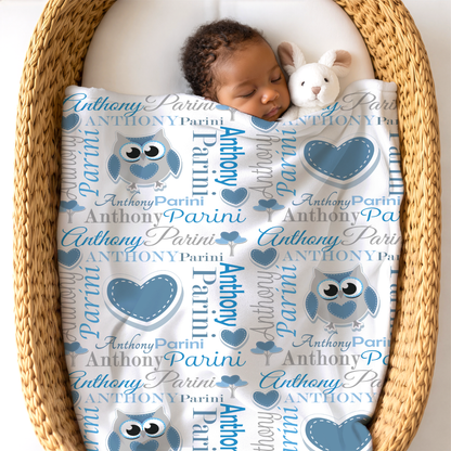 Personalized Baby Boy Blanket – Sweet Owl & Heart Name Design, Aqua/Gray