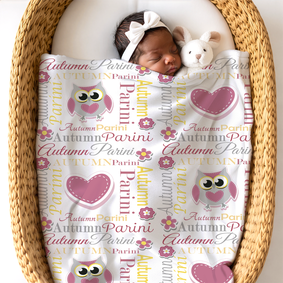 Personalized Baby Girl Blanket – Sweet Owl & Heart Name Design