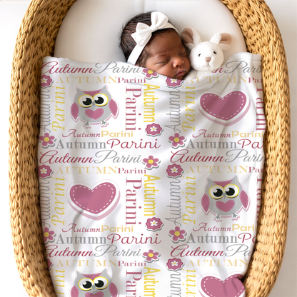 Personalized Baby Girl Blanket – Sweet Owl & Heart Name Design