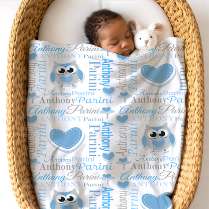 Personalized Baby Boy Blanket – Sweet Owl & Heart Name Design, Aqua/Gray