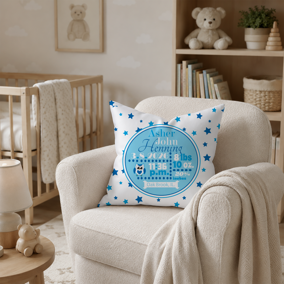Personalized Baby Boy Birth Stats Pillow, Owl
