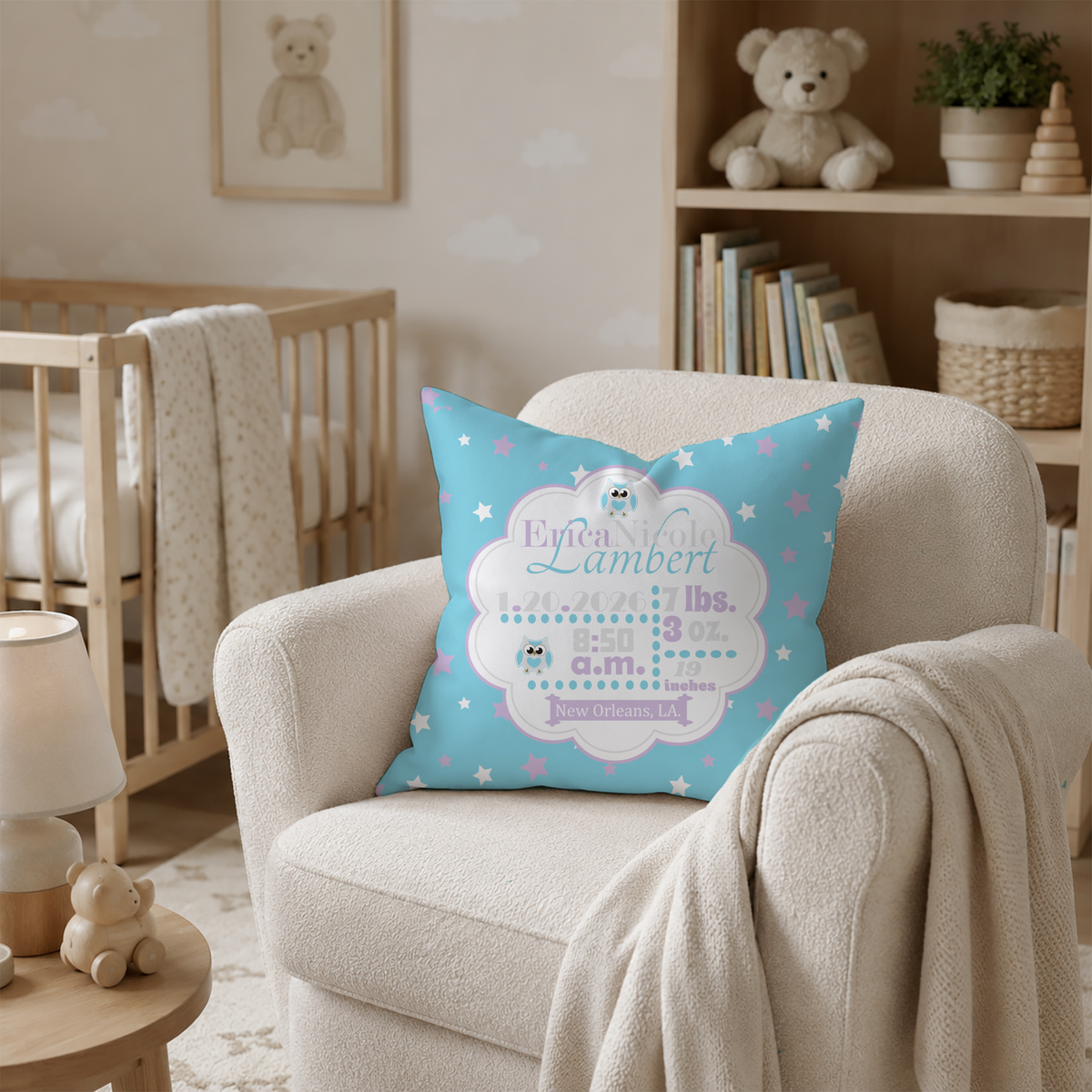 Personalized Baby Girl Birth Stats Pillow, Owl