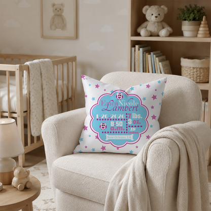 Personalized Baby Girl Birth Stats Pillow, Owl