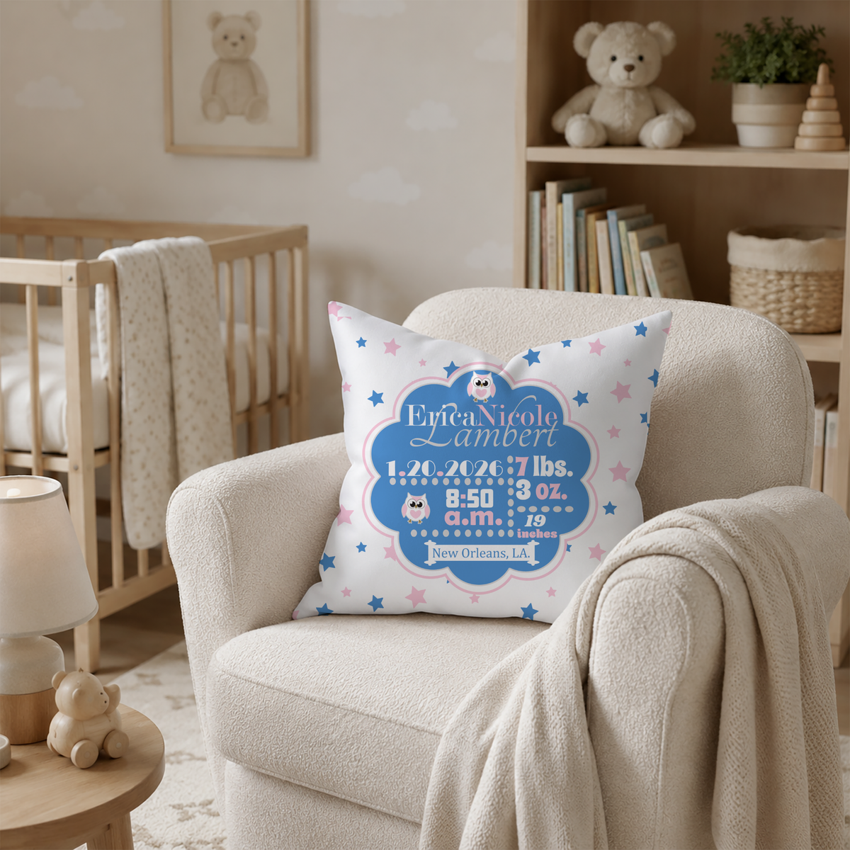 Personalized Baby Girl Birth Stats Pillow, Owl