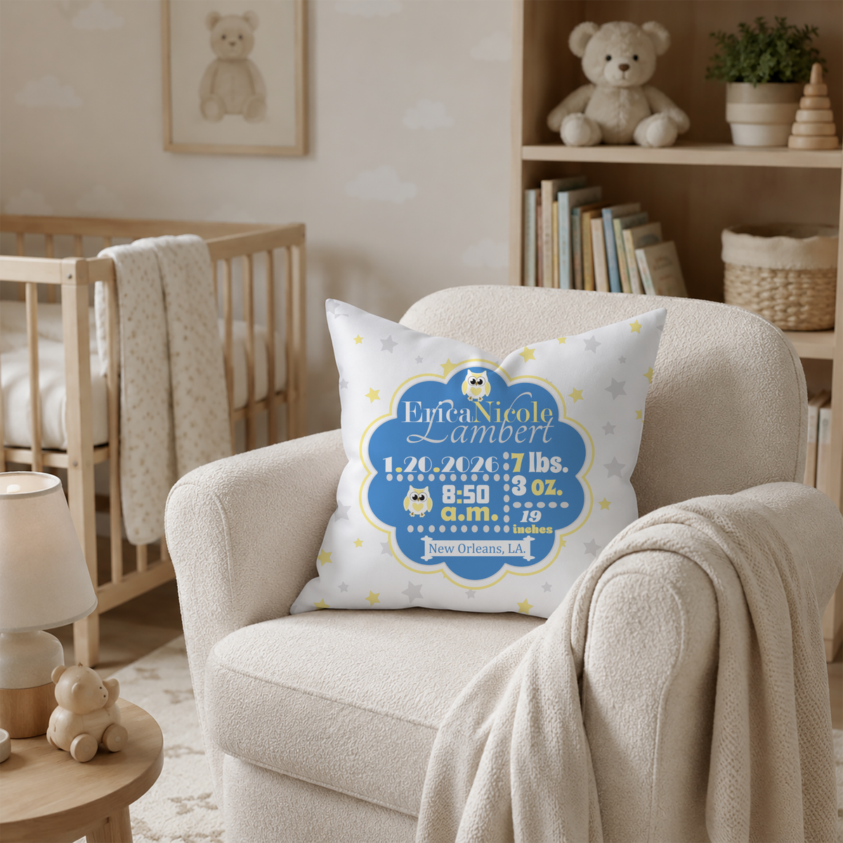 Personalized Baby Girl Birth Stats Pillow, Owl