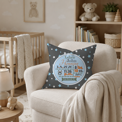 Personalized Baby Boy Birth Stats Pillow, Owl
