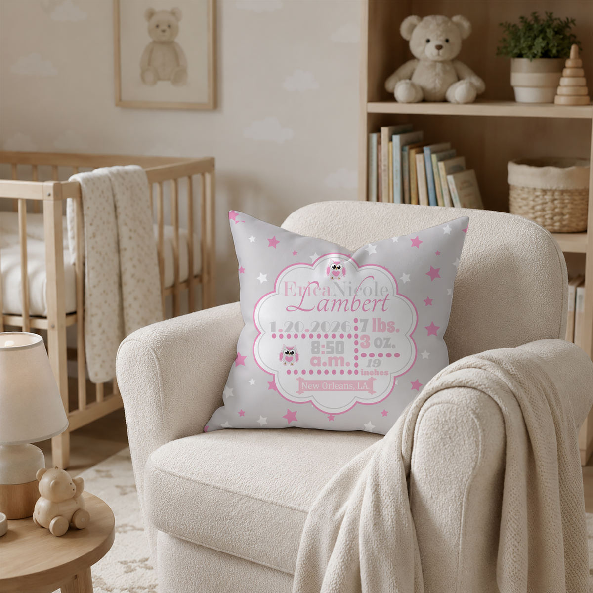 Personalized Baby Girl Birth Stats Pillow, Owl