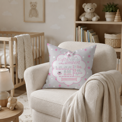 Personalized Baby Girl Birth Stats Pillow, Owl