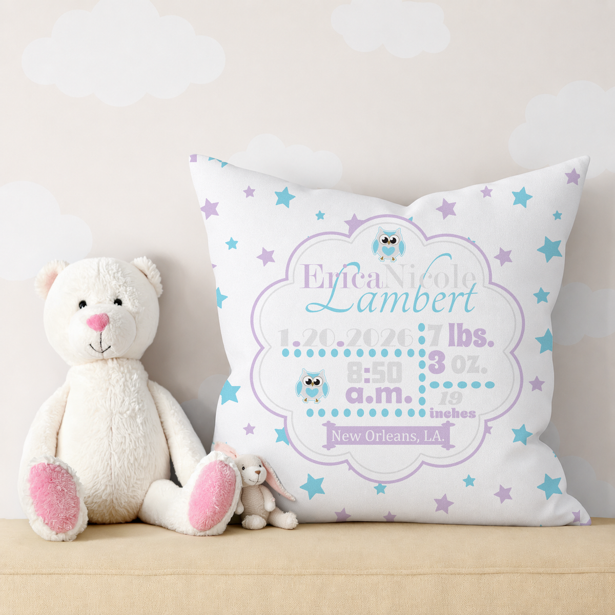 Personalized Baby Girl Birth Stats Pillow, Owl