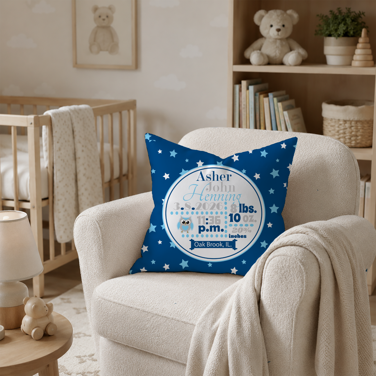 Personalized Baby Boy Birth Stats Pillow, Owl