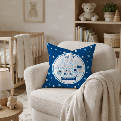 Personalized Baby Boy Birth Stats Pillow, Owl