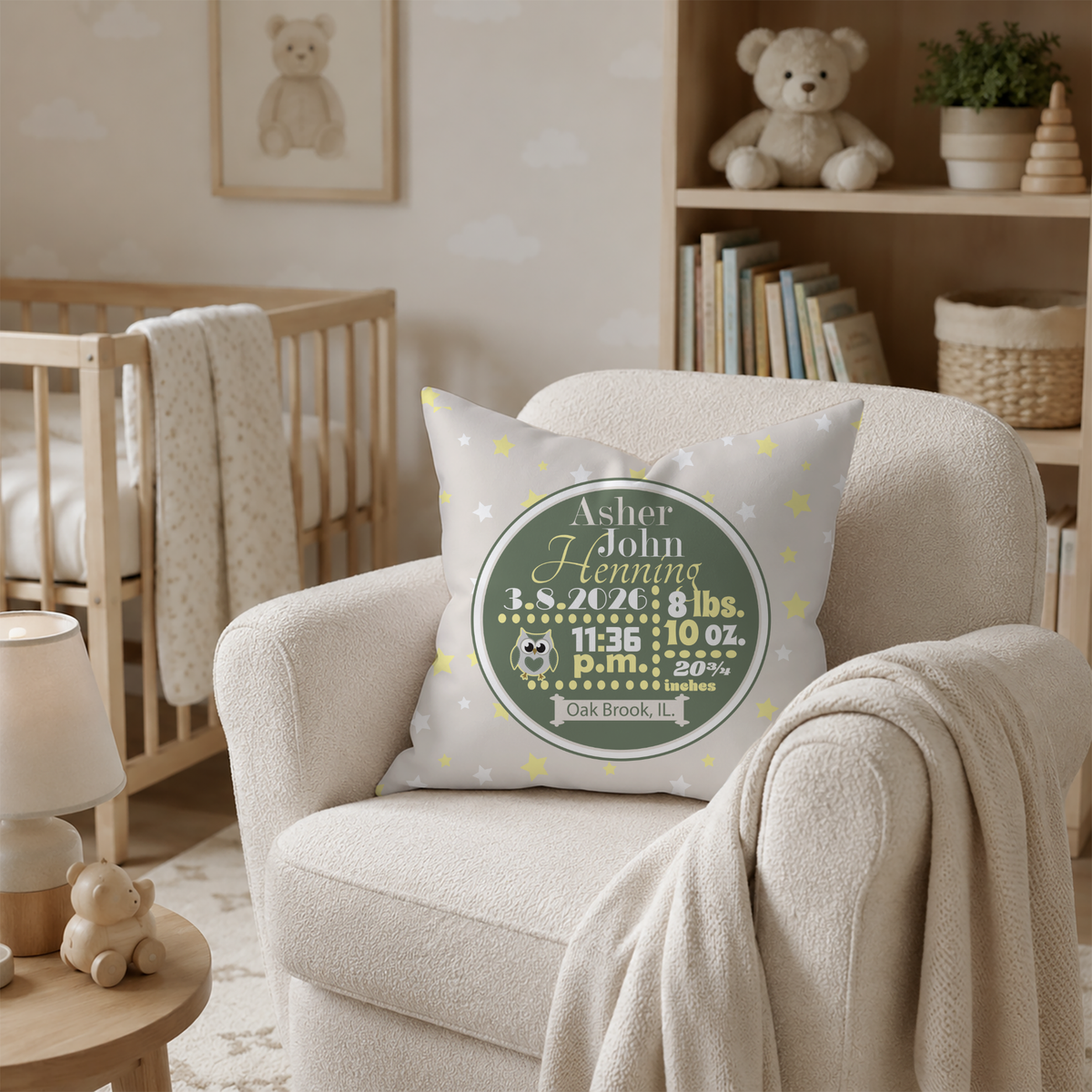 Personalized Baby Boy Birth Stats Pillow, Owl