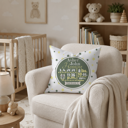 Personalized Baby Boy Birth Stats Pillow, Owl