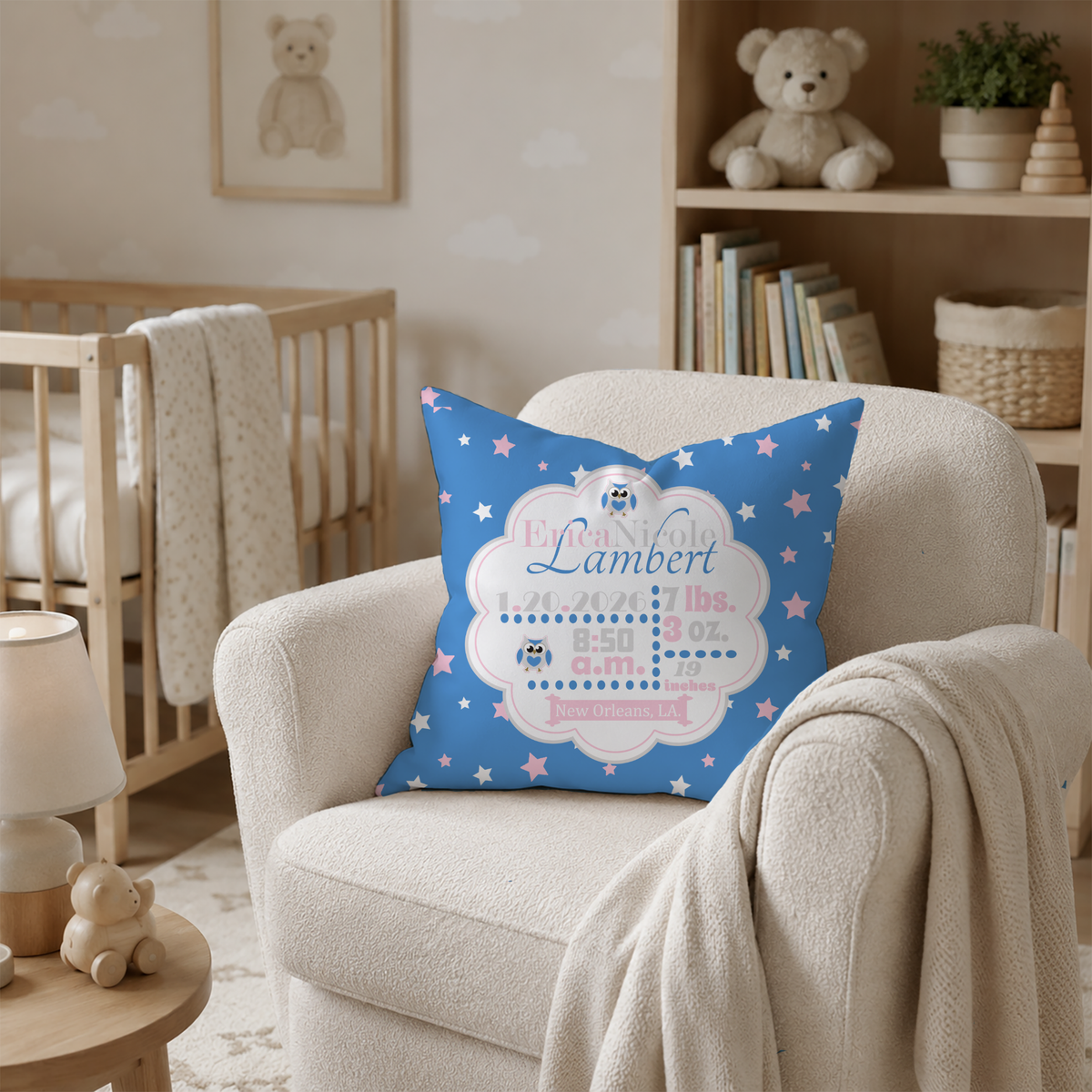 Personalized Baby Girl Birth Stats Pillow, Owl