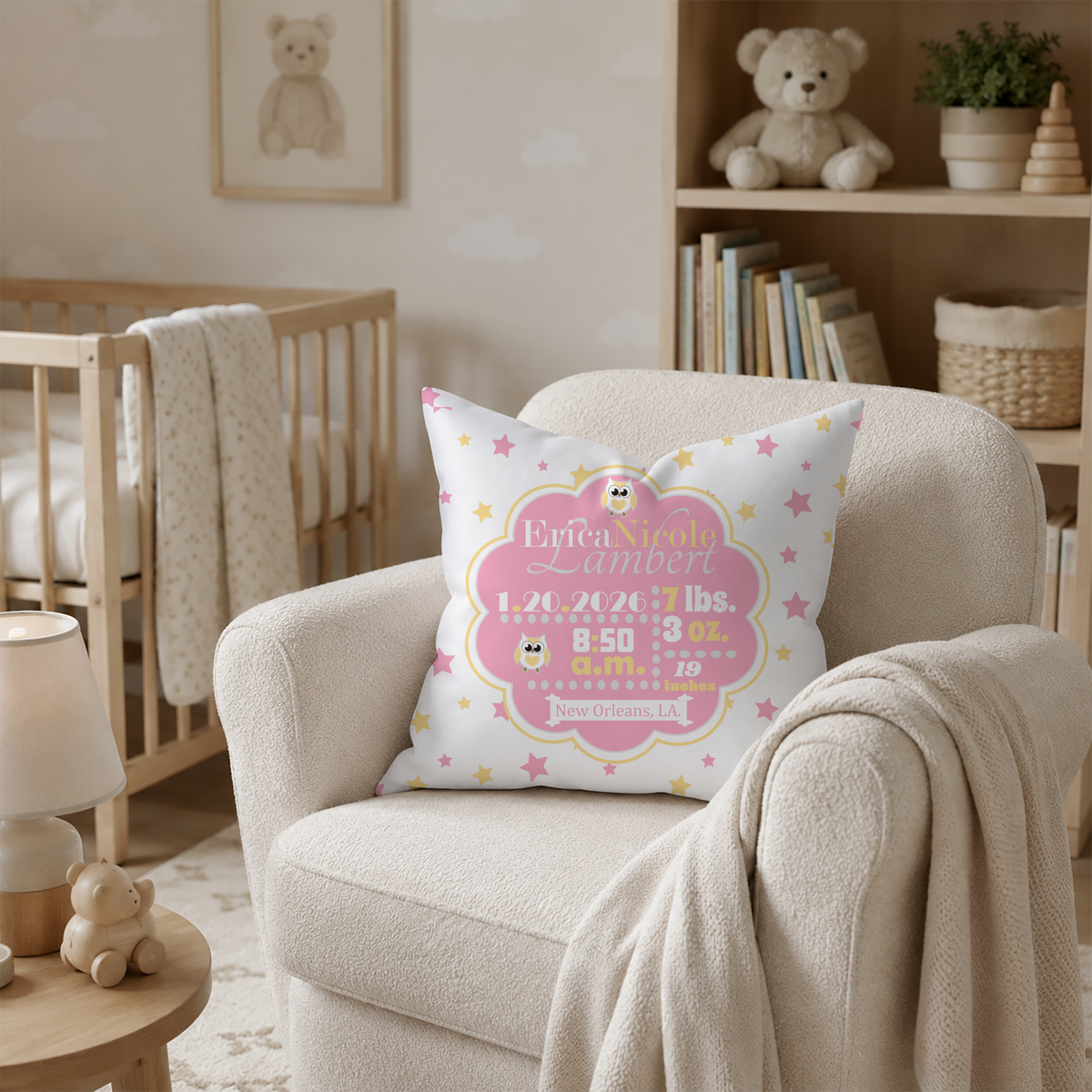 Personalized Baby Girl Birth Stats Pillow, Owl