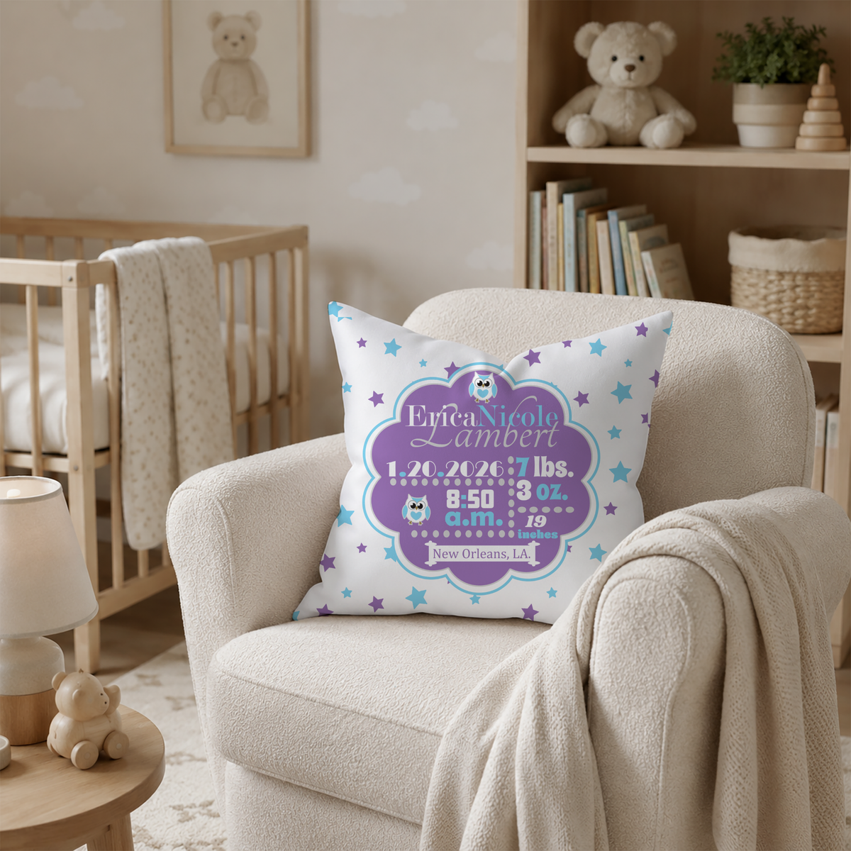 Personalized Baby Girl Birth Stats Pillow, Owl