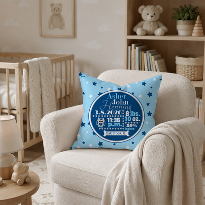 Personalized Baby Boy Birth Stats Pillow, Owl