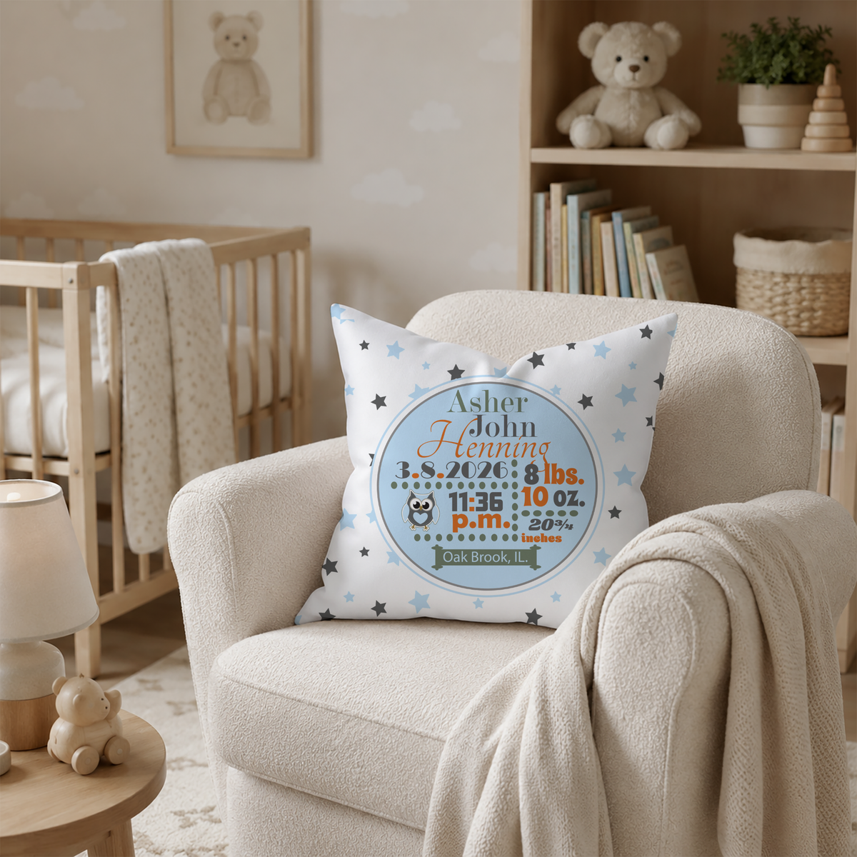 Personalized Baby Boy Birth Stats Pillow, Owl