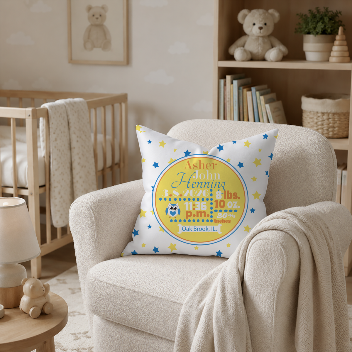 Personalized Baby Boy Birth Stats Pillow, Owl