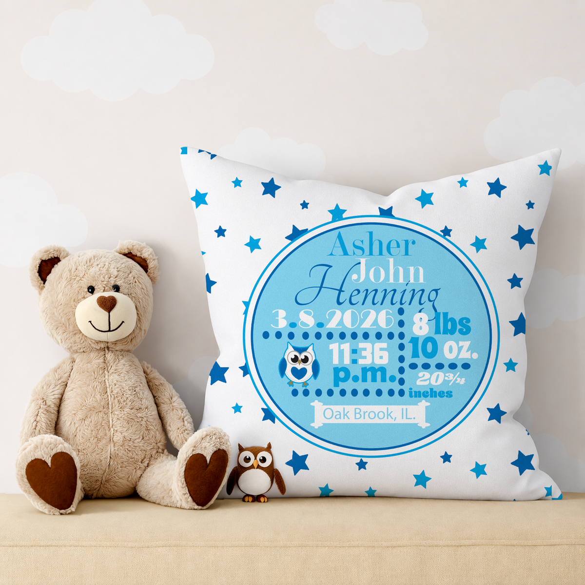 Personalized Baby Boy Birth Stats Pillow, Owl
