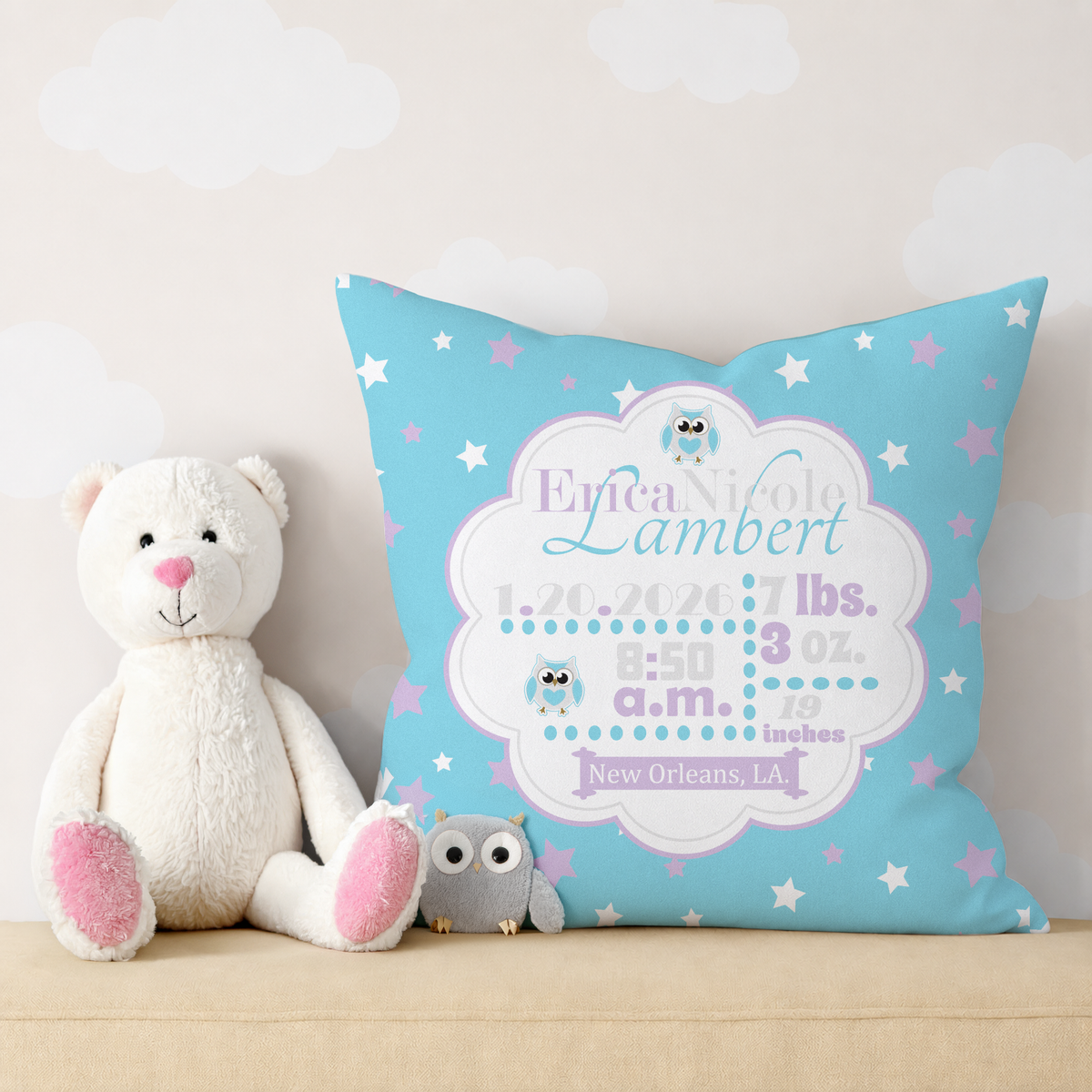 Personalized Baby Girl Birth Stats Pillow, Owl