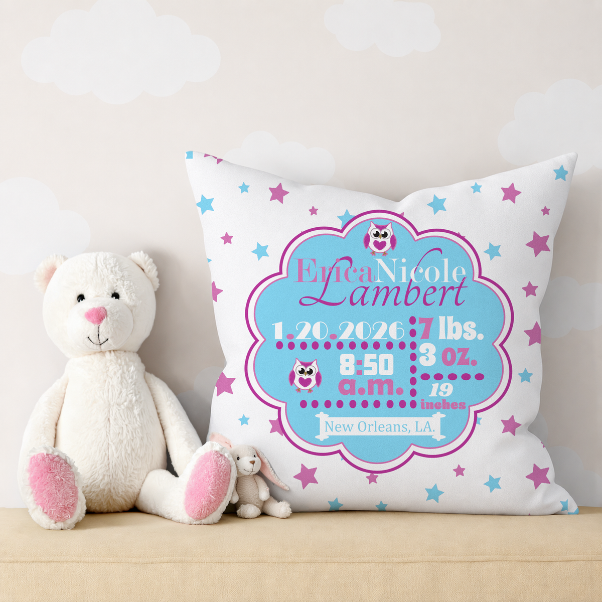 Personalized Baby Girl Birth Stats Pillow, Owl