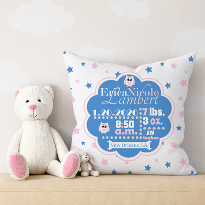 Personalized Baby Girl Birth Stats Pillow, Owl