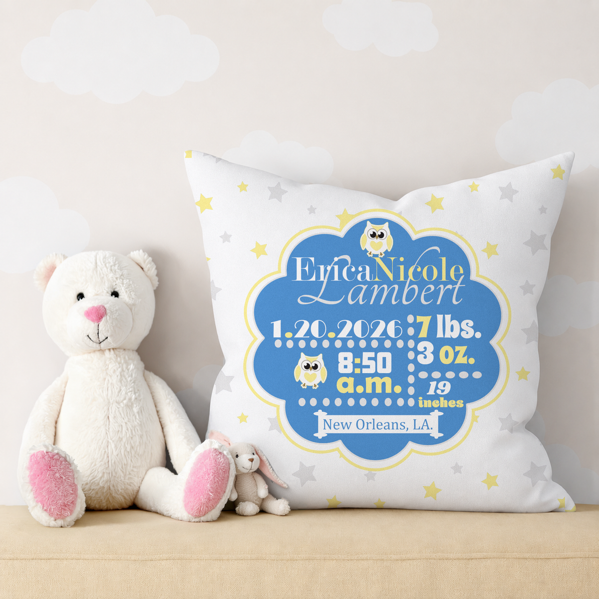 Personalized Baby Girl Birth Stats Pillow, Owl