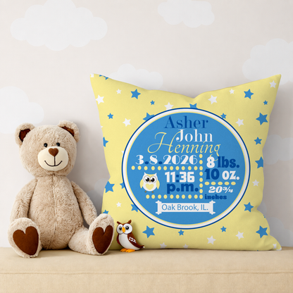 Personalized Baby Boy Birth Stats Pillow, Owl